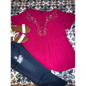 Bright pink blouse with tie detail